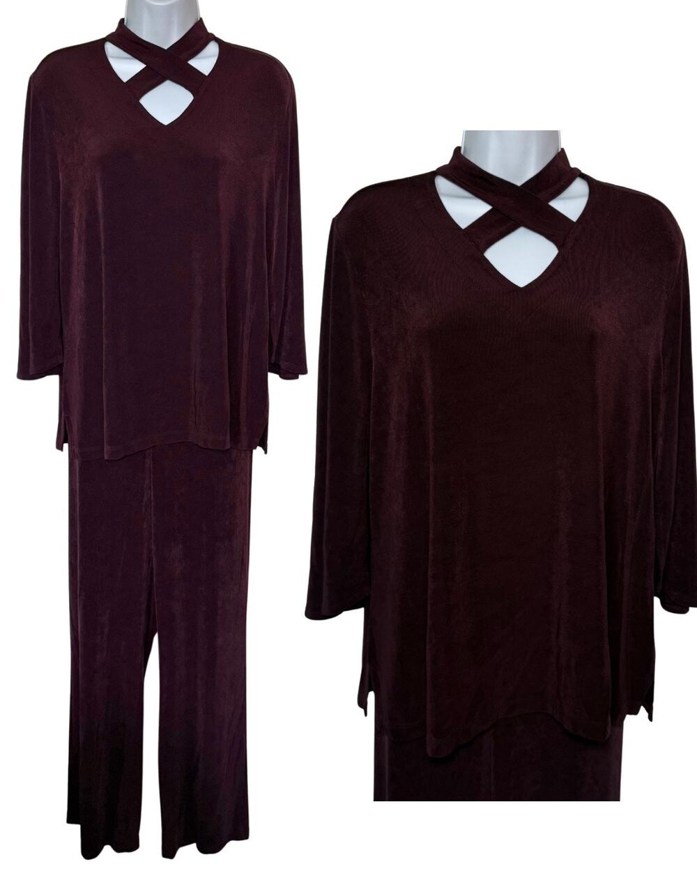 Chicos Travelers Burgundy Lagenlook Wide Leg Pants Tunic Top Sz 2 Large 12